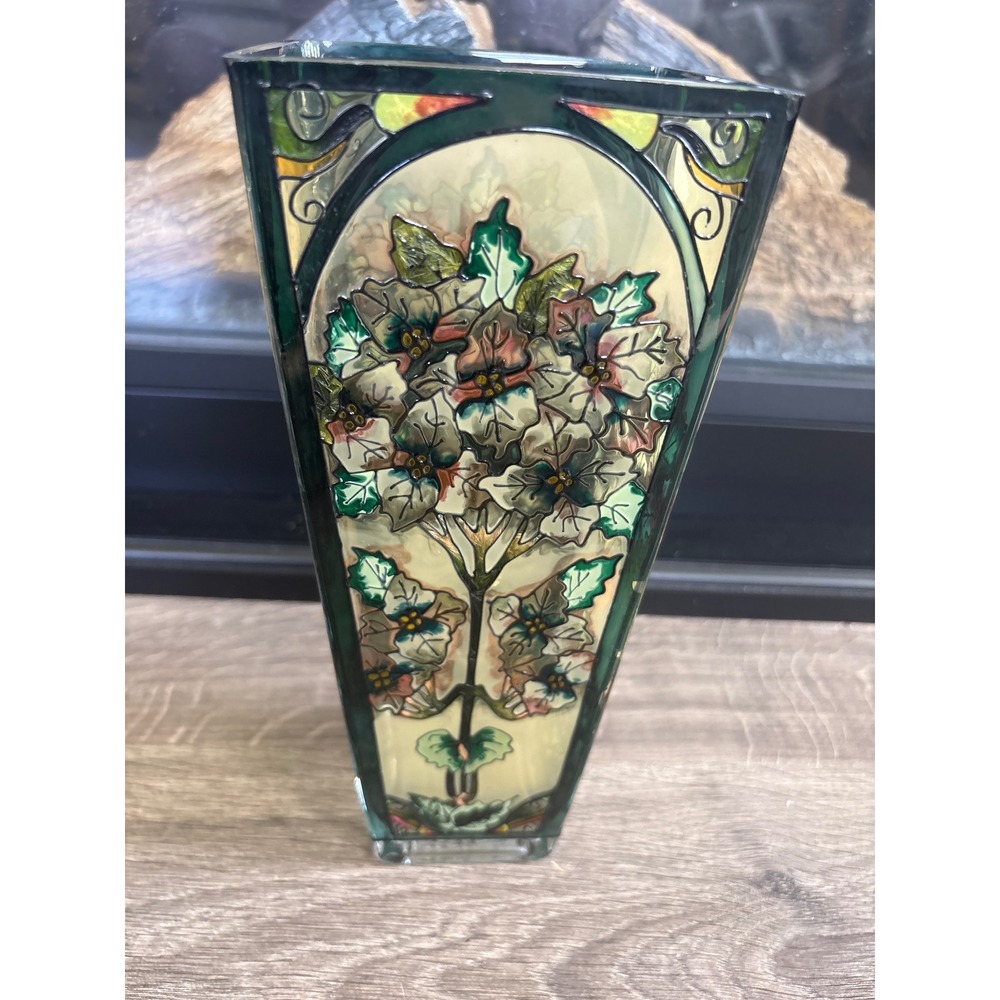 Amia Studios Hand Painted Glass Vase Art Nouveau Floral Stained Glass Style